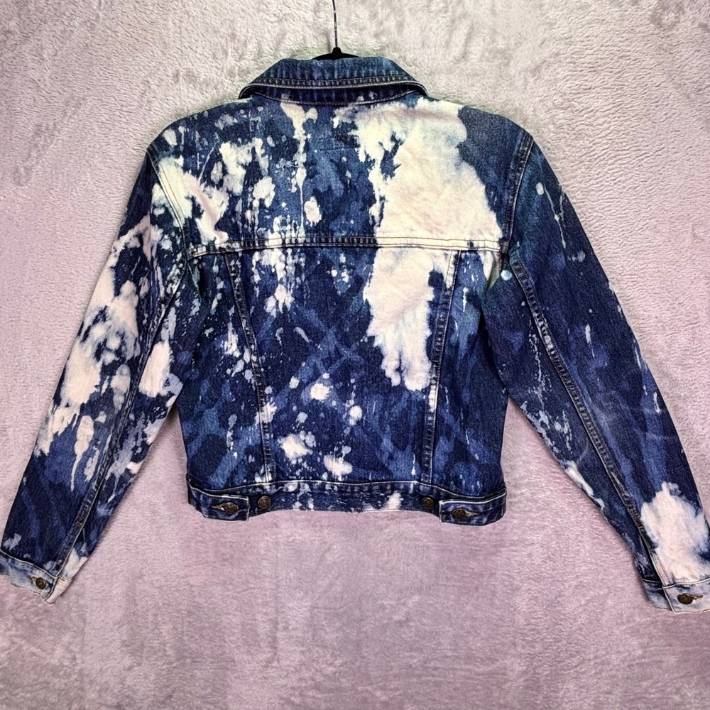 LINK Women Denim Jacket Size M Blue White Acid Wash Cropped Trucker Coat - Picture 3 of 8